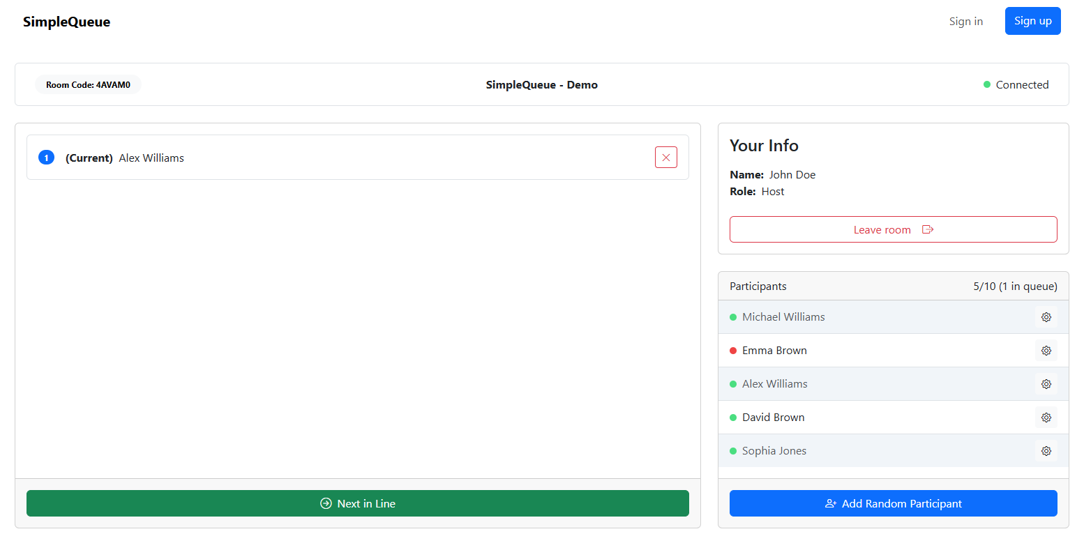 Project image - click to open in new tab SimpleQueue user interface